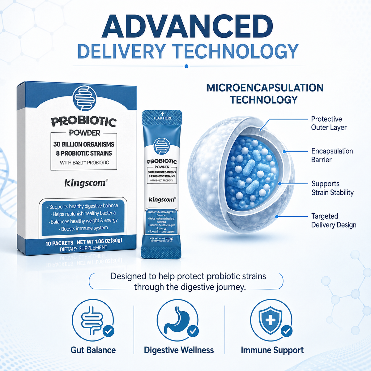Kingscom Daily Probiotic Powder – 30 Billion CFUs & 8 Strains
