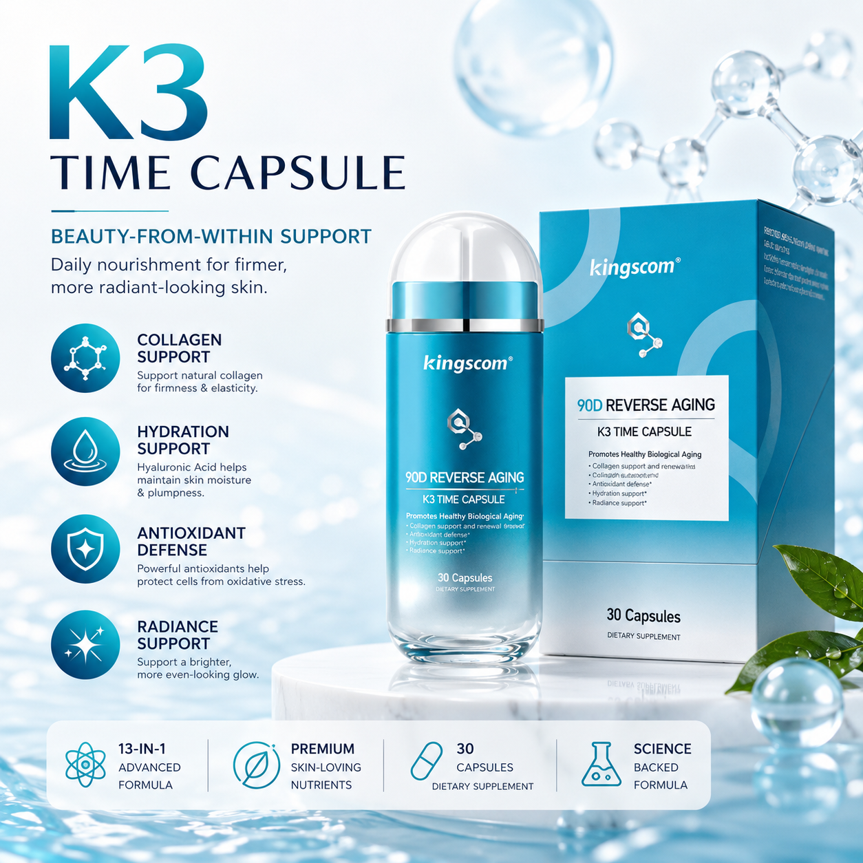 Kingscom K3 Time Capsule Anti-Aging Skin Supplement 30 Capsules
