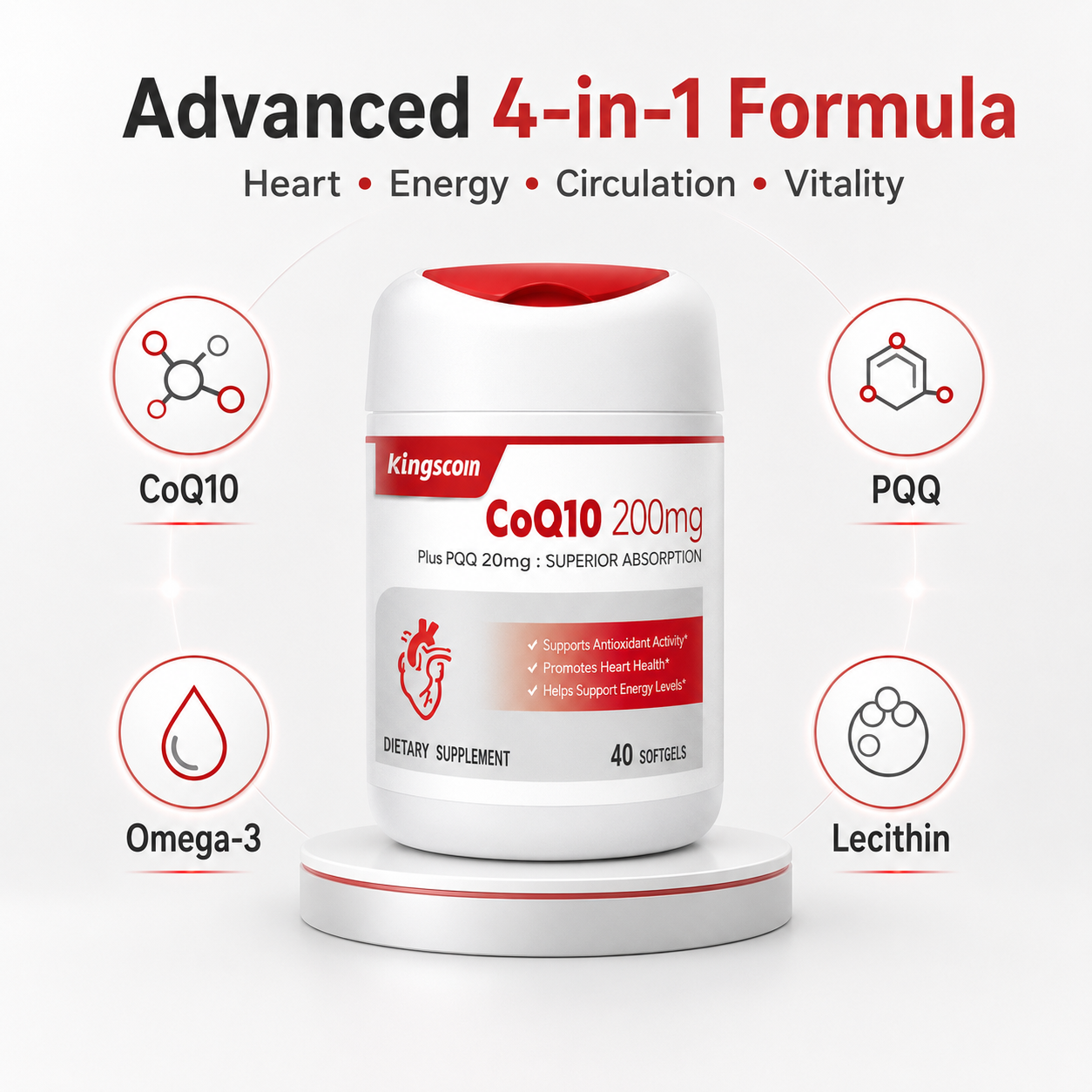 Kingscom CoQ10 200mg Softgels with PQQ 40 Count
